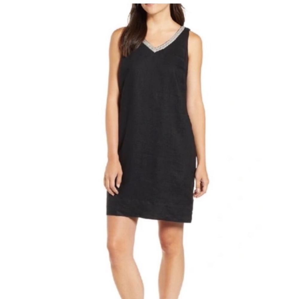 Tommy Bahama Womens Black Linen Beaded V-Neck Shift Dress Small S Sleeveless